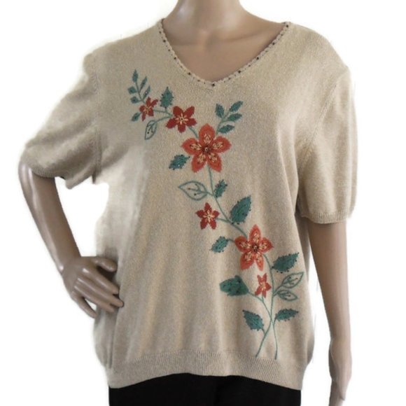 Alfred Dunner Tan Floral Beaded Sweater - Picture 2 of 4